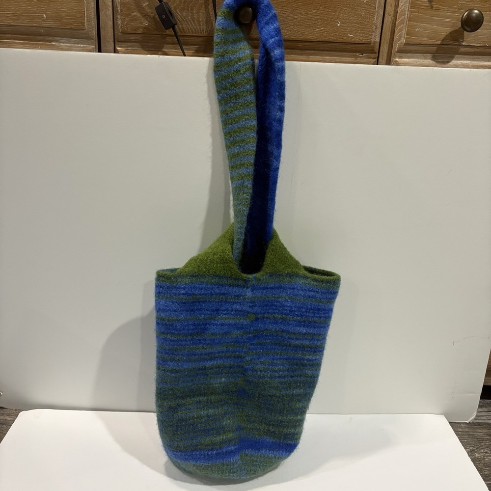 Handmade Blue Felted Wool Sling Bag Knotted Strap Textured Hobo Boho Festival